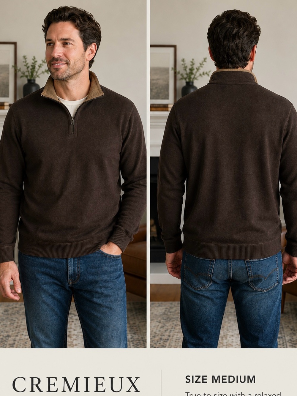 Daniel Cremieux Men’s Brown Quarter-Zip Sweater with Tan Collar
